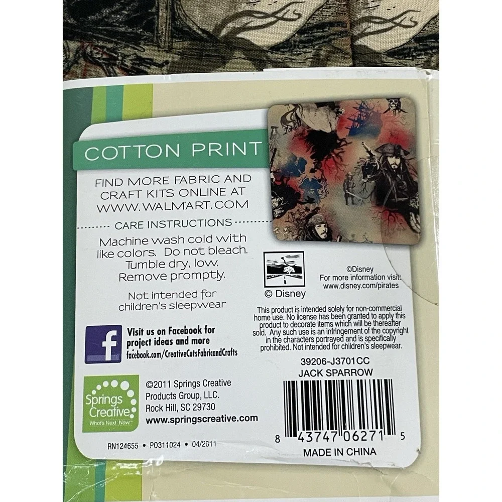 Jack Sparrow 2‎ Yards Creative Cuts 72 X 43 Cotton Fabric Quilting Craft Disney